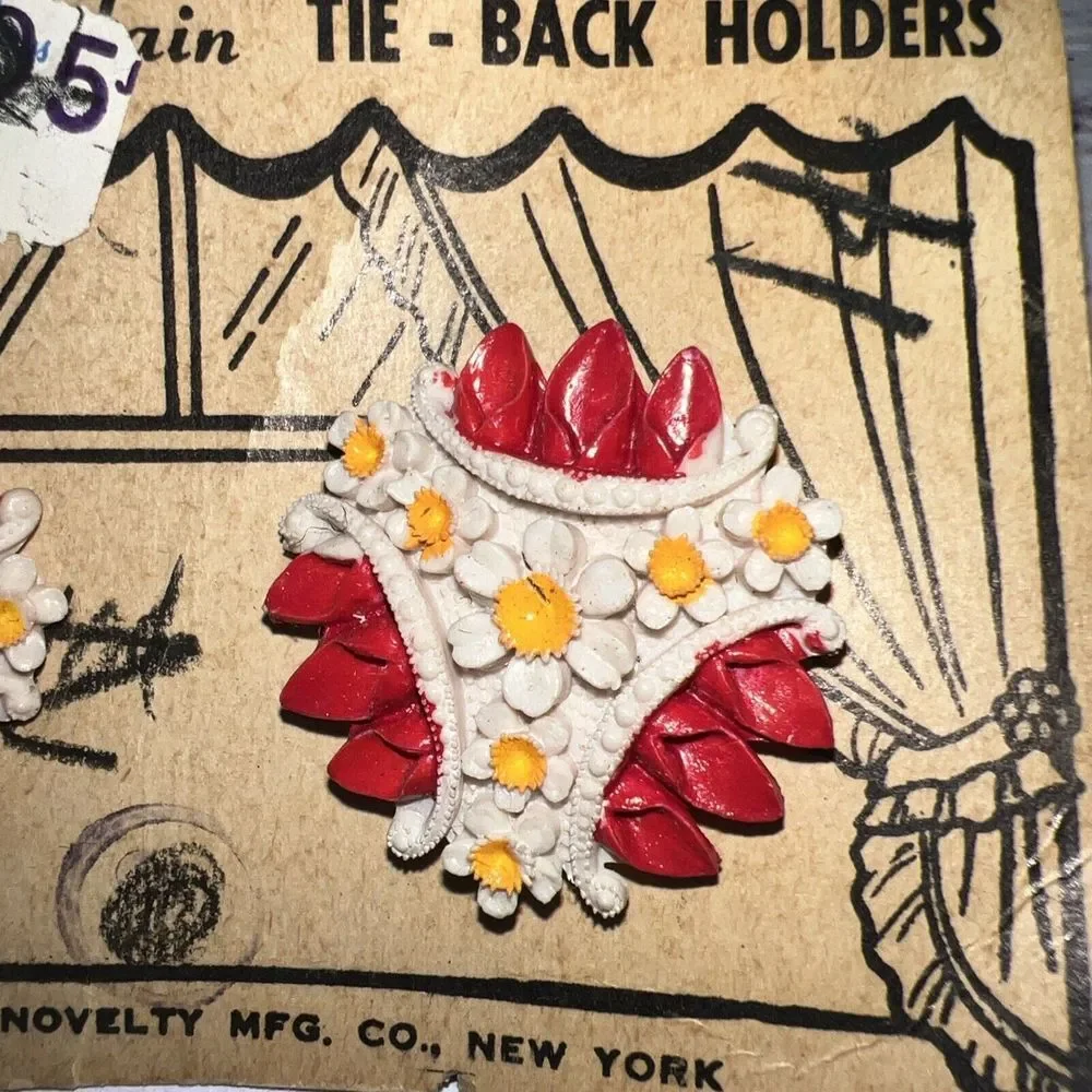 Vintage Flower Curtain Tie-Back Holders Set Of‎ 2 Art Button Novelty Co w/ Card!